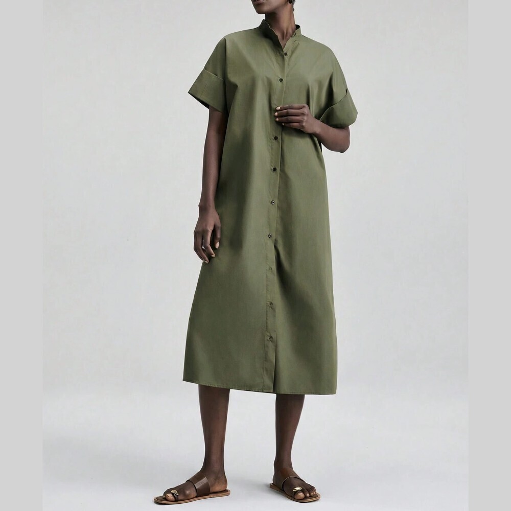 Olive Green Stand Collar Button-Front Midi Shirt Dress